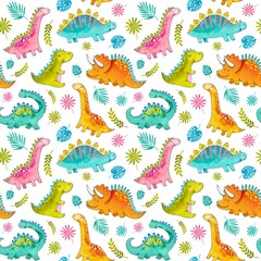Watercolor seamless pattern cute kids dinosaurs. Hand painted watercolor. Trendy cartoon dinosaurs. Background in childish scandinavian style. Texture for fabric, wrapping paper, textile