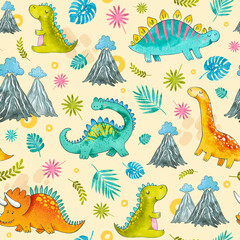 Watercolor seamless pattern cute kids dinosaurs. Hand painted watercolor. Trendy cartoon dinosaurs. Background in childish scandinavian style. Texture for fabric, wrapping paper, textile