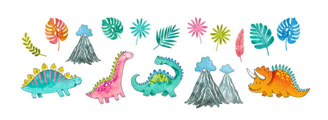 Watercolor collection of cute kids dinosaurs, tropical leaves and volcanoes. Hand painted watercolor. Trendy cartoon dinosaurs. Perfect for invitations, blogs, template card, Birthday, baby shower