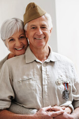 He still looks so handsome in his uniform. Cropped shot of a senior war veteran and his wife. - obrazy, fototapety, plakaty