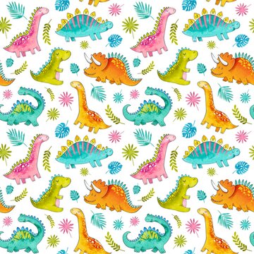 Watercolor seamless pattern cute kids dinosaurs. Hand painted watercolor. Trendy cartoon dinosaurs. Background in childish scandinavian style. Texture for fabric, wrapping paper, textile