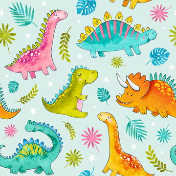 Watercolor seamless pattern cute kids dinosaurs. Hand painted watercolor. Trendy cartoon dinosaurs. Background in childish scandinavian style. Texture for fabric, wrapping paper, textile