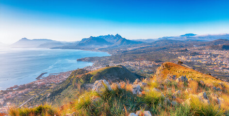 Astonishing morning view of Bagheria town and national park Orientata Pizzo Cane.