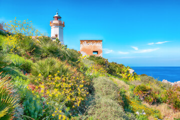 Fototapeta na wymiar Stunning sunny day over Capo Zafferano Lighthouse.
