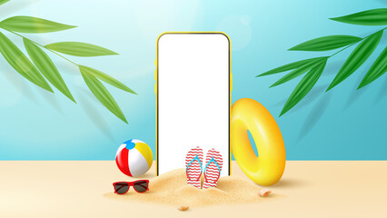 Summer ad banner template. Bright banner with phone, tropical plants, sand, sunglasses, flip flops, inflatable ring and ball. Vector 3d ad illustration for promotion of summer goods.