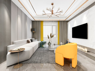 3D rendering, spacious living room design of modern residence, with sofa, tea table, decorative painting, etc