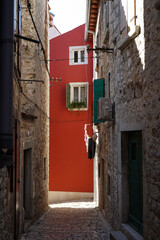 Stunning stone paved street with colorful houses of old town Rovinj, Istria region, Croatia    