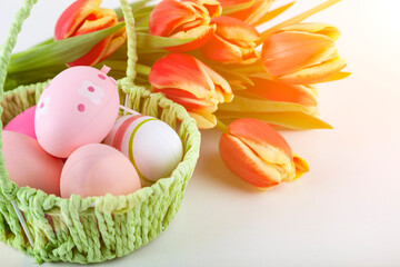 Tulip flowers and easter eggs