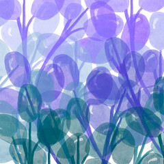 Watercolor background of the transition of the color of the leaves from turquoise, blue to purple on a white background