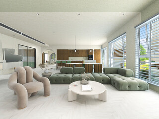 3D rendering, spacious living room design of modern residence, with sofa, tea table, decorative painting, etc