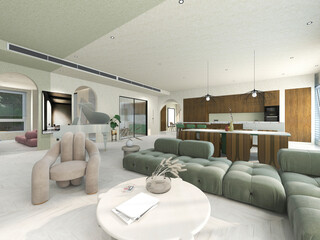 3D rendering, spacious living room design of modern residence, with sofa, tea table, decorative painting, etc