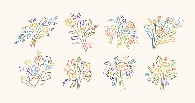 Flower bunches of abstract shapes in modern line art style. Spring floral bouquets, romantic gift. Creative drawings set. Trendy stylized blooms. Isolated hand-drawn graphic vector illustrations