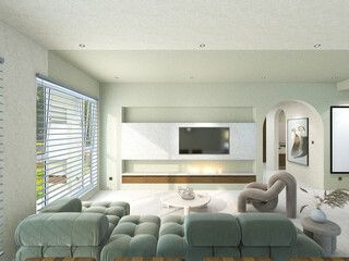 3D rendering, spacious living room design of modern residence, with sofa, tea table, decorative painting, etc