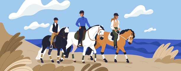 Family riding horse backs, walking on sea coast. Horseback riders, parents and child horseriding together. Happy equestrians, mother, father and kid at stroll in nature. Flat vector illustration