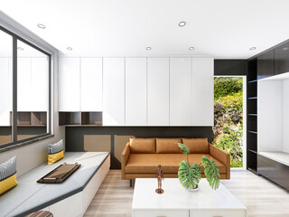 3D rendering, spacious living room design of modern residence, with sofa, tea table, decorative painting, etc