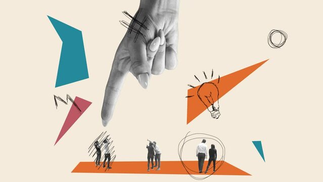 Huge female hand choosing people. Contemporary art collage. Inspiration, idea, trendy urban magazine style. 4k. Stop motion and 2D animation