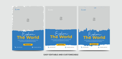 Modern poster travel flyer design template bundle. Editable tour poster template with brush stroke set