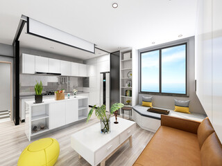 3D rendering, spacious living room design of modern residence, with sofa, tea table, decorative painting, etc