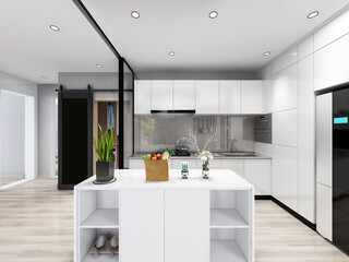 3D rendering, spacious living room design of modern residence, with sofa, tea table, decorative painting, etc