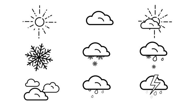 Set of 9 animated weather icons (sun, thunderstorm, partly cloudy, cloudy, snow and cloudy weather) on a white 4K background