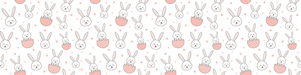 Easter pattern with bunnies and eggs. Banner. Vector