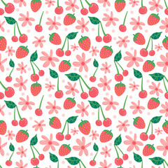 Summer seamless pattern with fruits, berries and blossom. Sweet cartoon background for textile, fabric, decorative paper. Vector