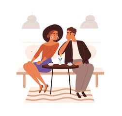Love couple in cafe on date. Happy woman and charmed man sitting at table with coffee cups, looking at each other. Romantic meeting in cafeteria. Flat vector illustration isolated on white background