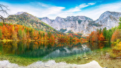 Astonishing autumn scene of Hinterer Langbathsee lake.