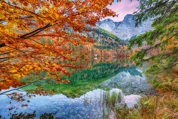 Astonishing autumn scene of Hinterer Langbathsee lake.