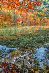 Astonishing autumn scene of Hinterer Langbathsee lake.