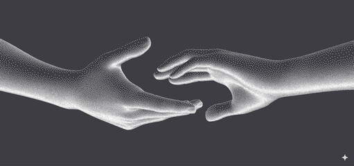 Hands reaching towards each other. Concept of human relation, togetherness or  partnership. 3D vector illustration. Design for banner, flyer, poster, cover or brochure.
