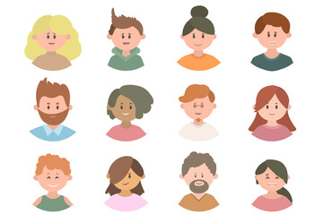 People avatar set. Diversity group men and women. Vector illustration. flat style. User pic, different yong human face icons for representing person in a game, Internet forum, account.