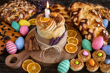 Easter buns and Easter eggs on the table