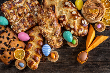 Easter buns and Easter eggs on the table