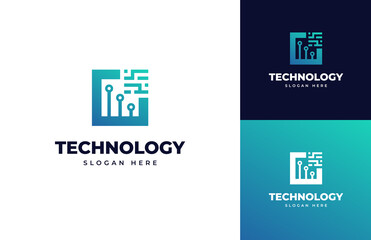 Circuit tech future board chip innovation vector logo design, Creative tech modern electricity connect wire logo design