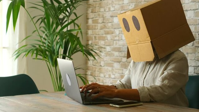 Home worker with paper box on his head. Anonymous people use laptop computer. Concept of doubts and problems with privacy online web protection. Communication and connection online