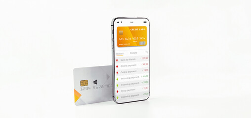 Online payment. Mobile phone with internet online bank app. Credit card on white background. Online...