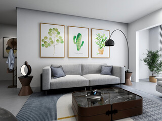 3D rendering, spacious living room design of modern residence, with sofa, tea table, decorative painting, etc