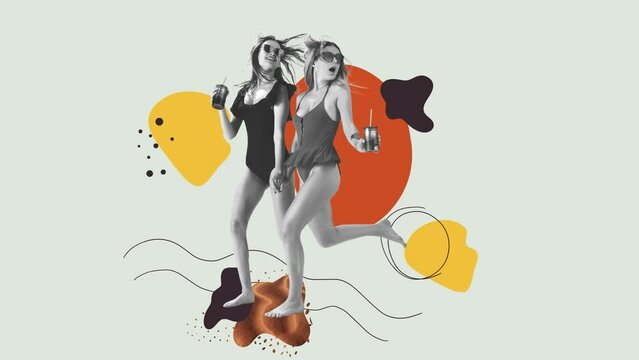4k. Stop motion and 2D animation. Two beautiful girls in swimming suits on geometric light background. Contemporary, modern design.