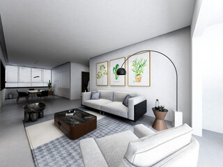 3D rendering, spacious living room design of modern residence, with sofa, tea table, decorative painting, etc
