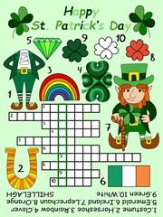 Detailed Patrick's day crossword in English for kids vector illustration. Colorful crossword with keyword and answer. Happy Saint Patrick's day word game with cartoon leprechaun