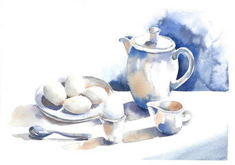 Milk jag, eggs on plate, tea pot, spoon watercolor illustration