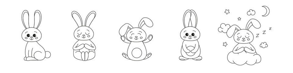 Set of Cute outline rabbits, bunny for coloring. Rabbits Bunnies Cartoon Outline Coloring Book or page for kids. Happy Easter in doodle style. Illustration Vector.