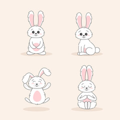 Fototapeta premium Set of Cute bunnys, baby and children concept. Happy easter rabbits different poses cartoon characters. Card with Cute bunny. Bunny with floral leafs. Design for baby, kids poster, card, invitaton.