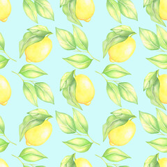 Seamless watercolor pattern with lemons and leaves on blue background.Perfect for  textile,fabrics,tablecloth and clothes.