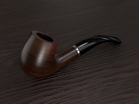 Wooden smoking pipe on a wooden background, 3d render