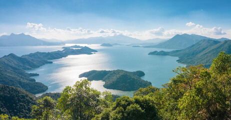 Aerial Panorama landscape of Plover Cove Reservoir, Hong Kong.