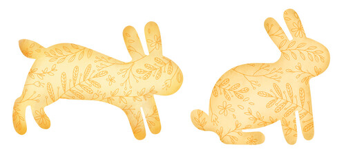 Set easter yellow bunny silhouettes texture flower pattern illustration. Party garland template
