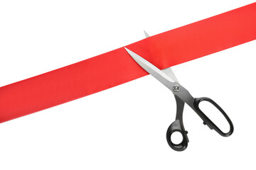 Ribbon and scissors on white background, top view