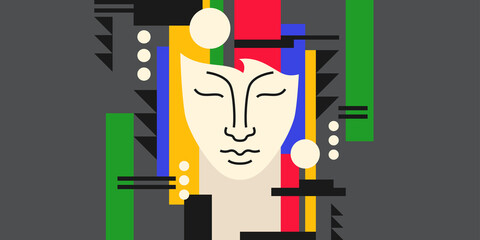 Modern geometric composition of various shapes.Background in the trend chart. Portrait of a young girl.